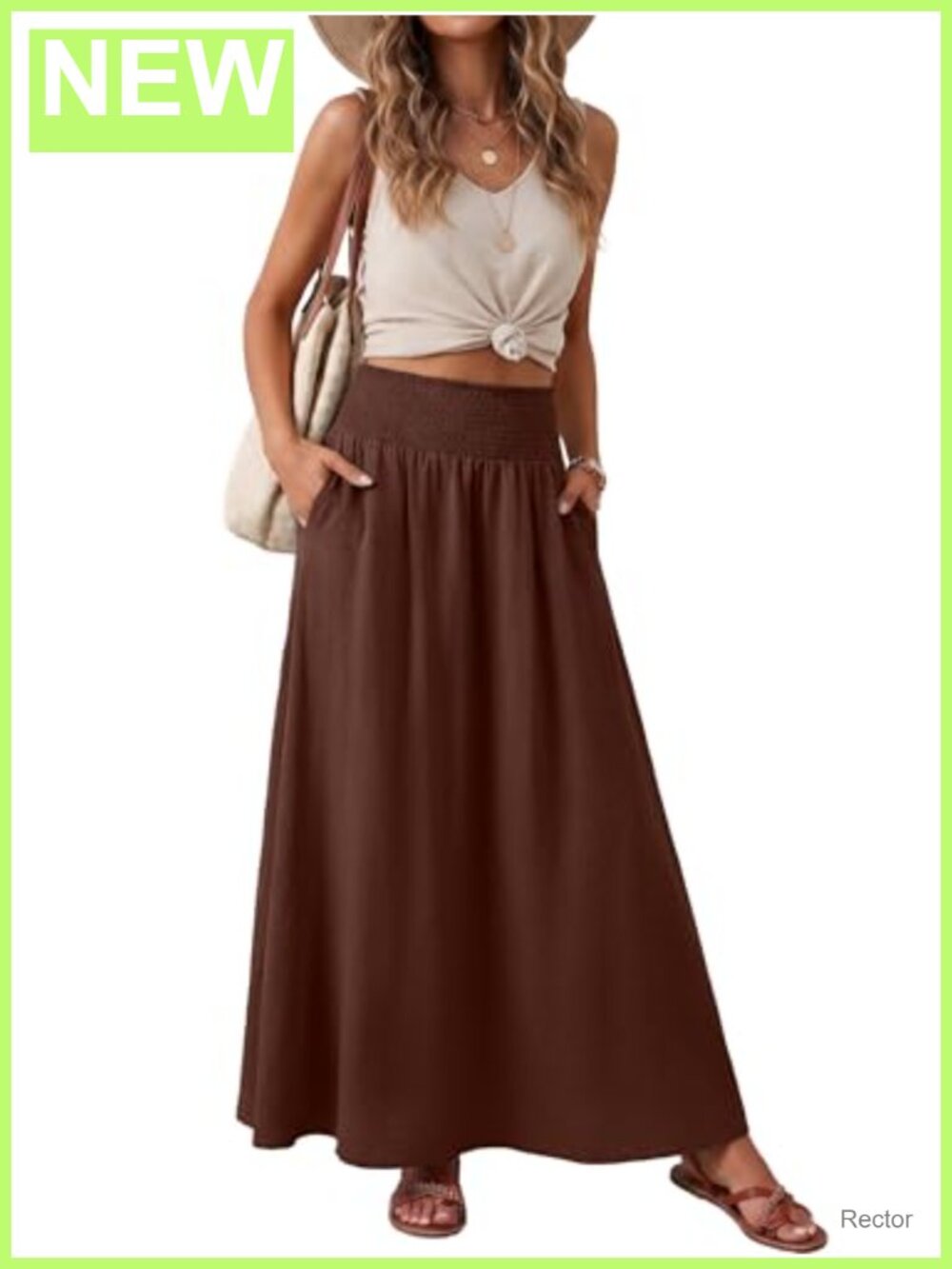 Womens Maxi Skirt Smocked High Waist Flowy Casual Boho Beach Long with Pockets
